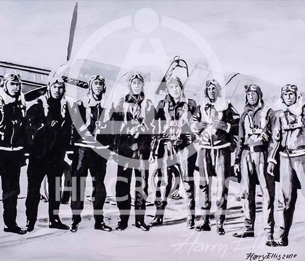 Nine WWII pilots in flight gear standing in front of a propeller plane.
