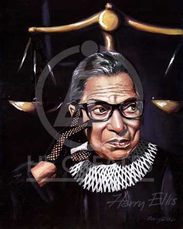 Portrait of Ruth Bader Ginsburg with scales of justice in background.
