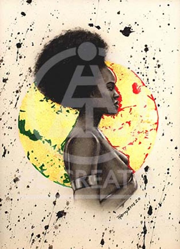Profile of a black woman with an afro against a colorful circle background.