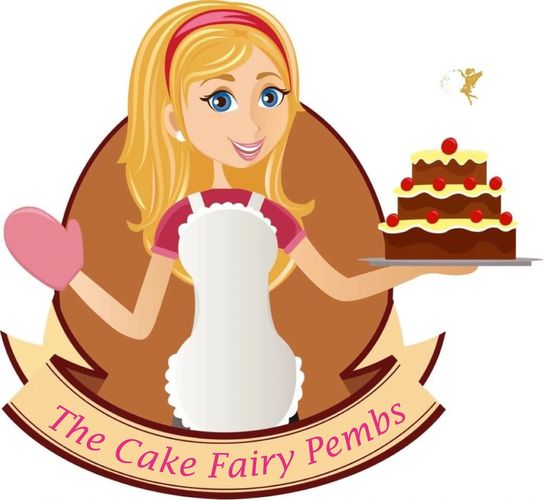 Cartoon woman holding a chocolate cake with cherries, labeled 'The Cake Fairy Pembs'.