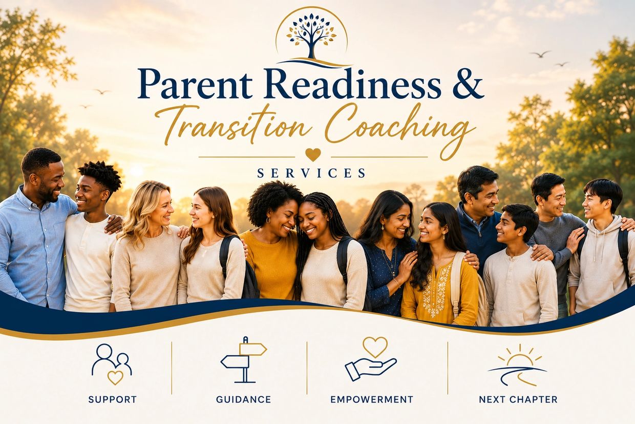 Diverse group smiling, promoting Parent Readiness &amp; Transition Coaching services.
