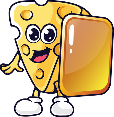 Cartoon cheese character with a protective shield guarding food - Ensuring food safety and quality.