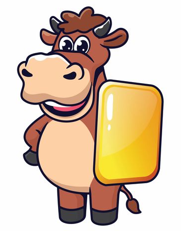 Cartoon cow with a premium shield board - Ensuring the quality and presentation of your meats!