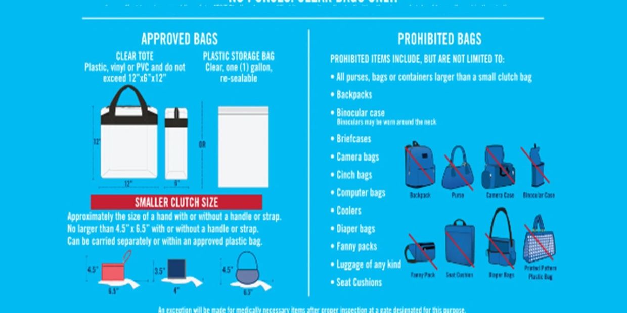 Guide showing approved clear bags and prohibited bags for events.
