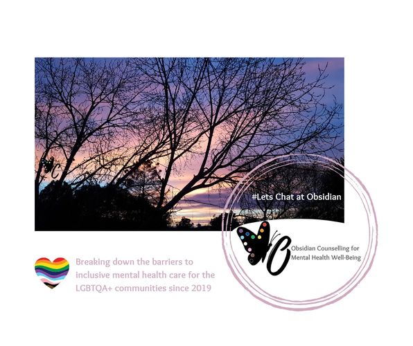 Obsidian Counselling logo, black butterfly with inclusive pride colours on it's wings & Pride heart