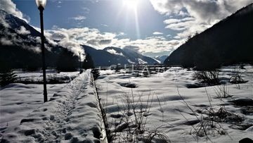 Lights mark the way on a snowy boardwalk in Stewart, BC