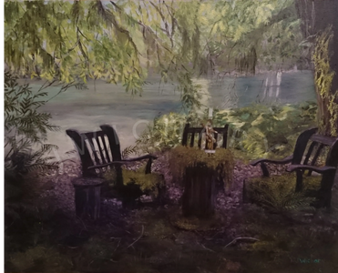 "Unfinished Business" 16" x 20" Acrylic on board, framed (2018) SOLD.
Rainbow Lodge, Powell Lk. BC. 