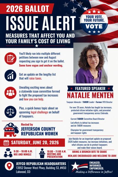 2026 ballot issue alert with featured speaker Natalie Menten on tax measures and family costs.