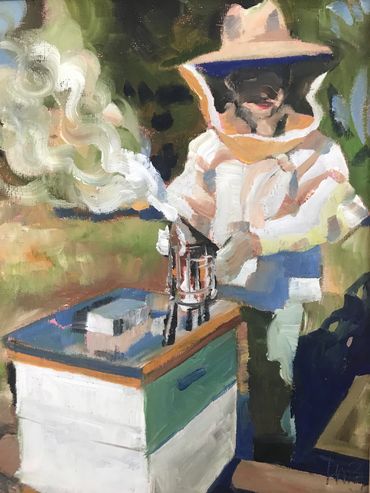 An impressionistic painting of a female beekeeper lighting a smoker in front of a beehive