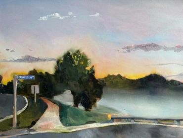 A misty morning scene of a sidewalk and a treelined horizon with a road sign indicating "permission"