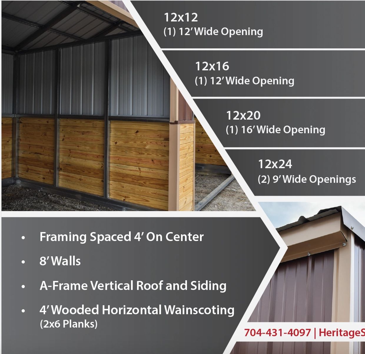 Metal building with wooden wainscoting and multiple size options.