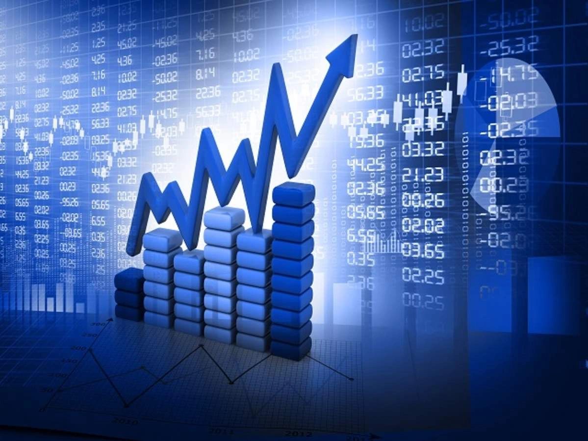 3D bar chart with upward trend arrow on financial background