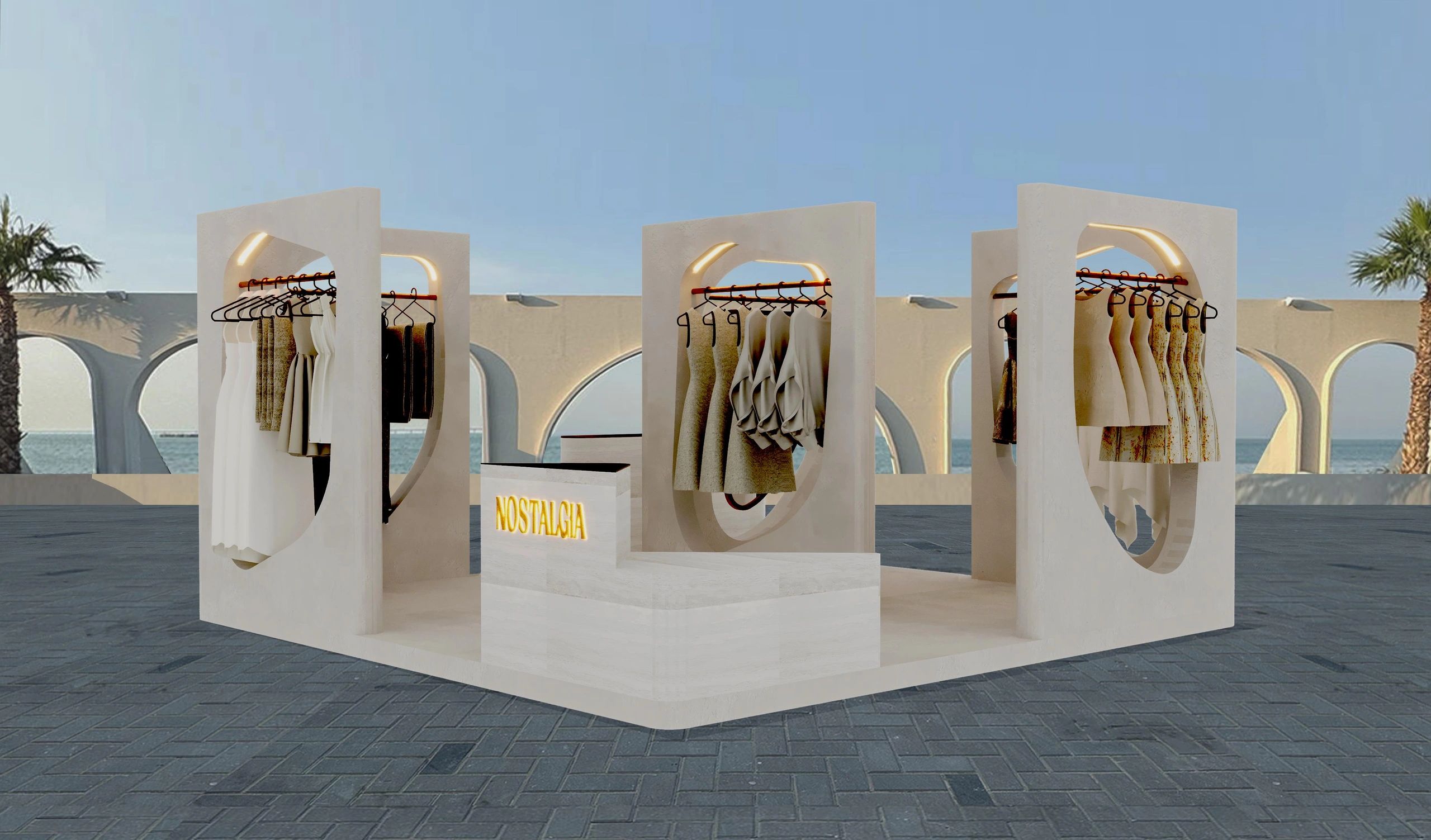 Modern outdoor clothing display with the sign "Nostalgia".