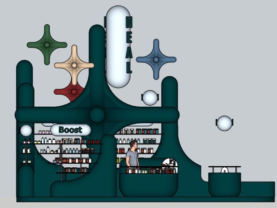 Futuristic health and boost store interior with a person at the counter.