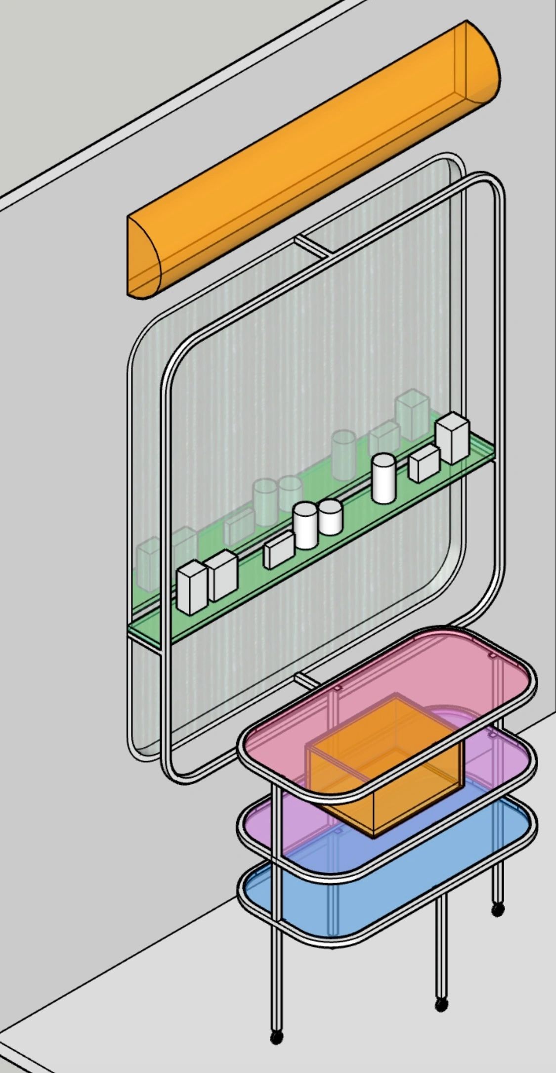 Modern bathroom setup with mirror, shelves, and colorful basins.