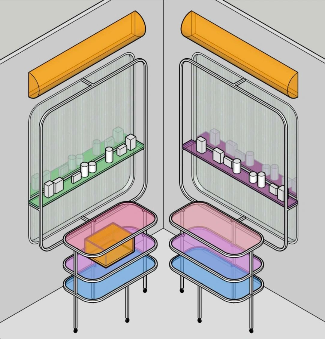 Isometric view of two modern corner vanity units with shelves and mirrors.