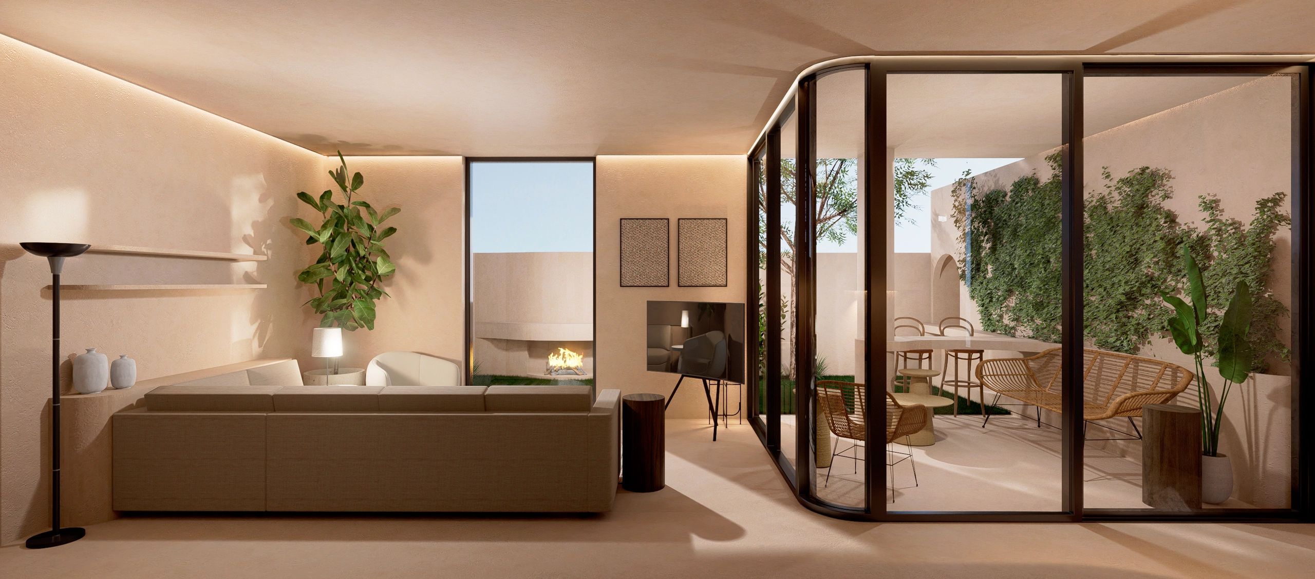 Modern living room with glass doors leading to a lush outdoor patio.