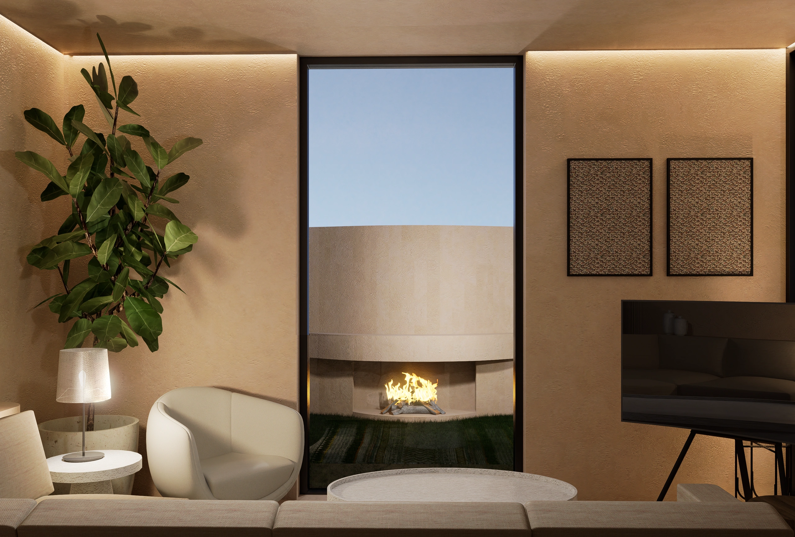Modern living room with a fireplace and large plant near a window.