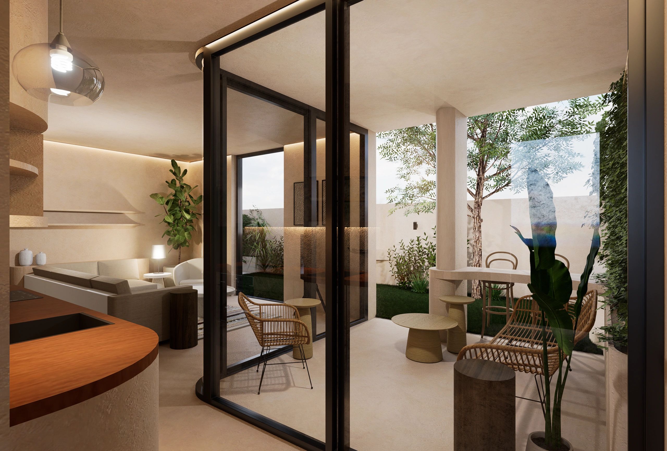 Modern cozy living room with glass doors opening to a green patio.