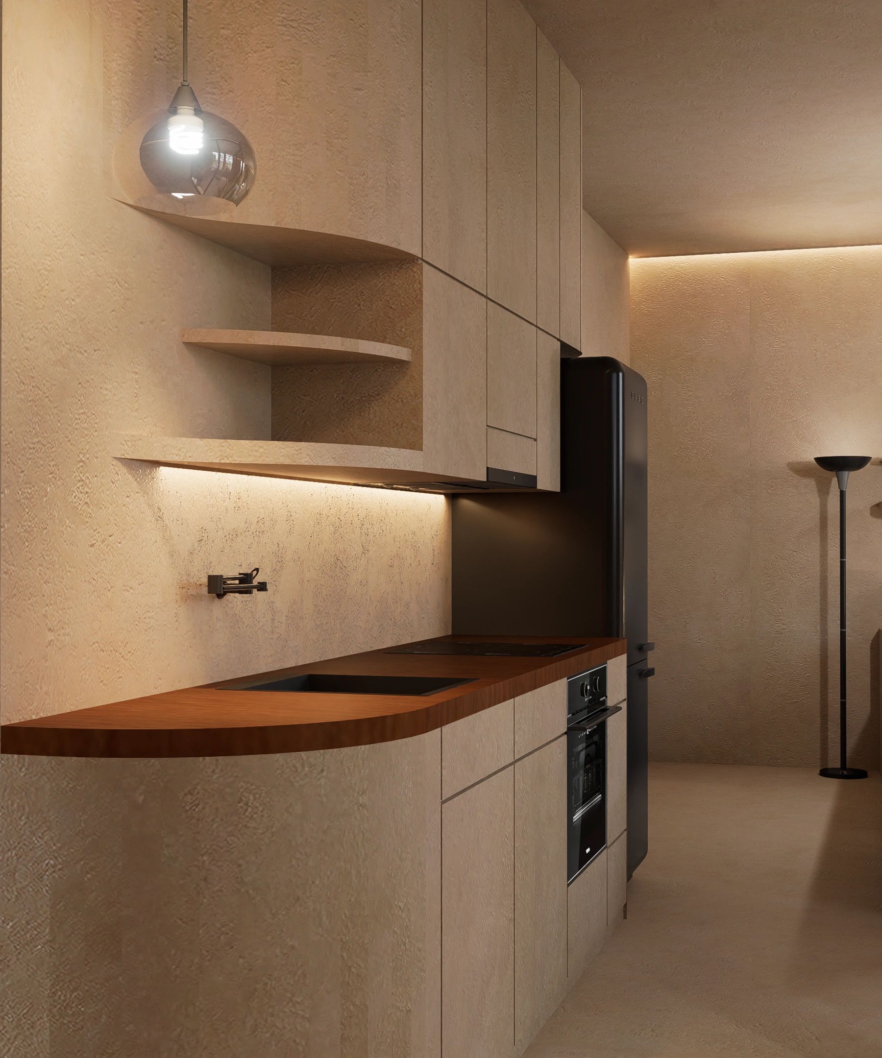 Minimalist kitchen with beige cabinets and wooden countertop.