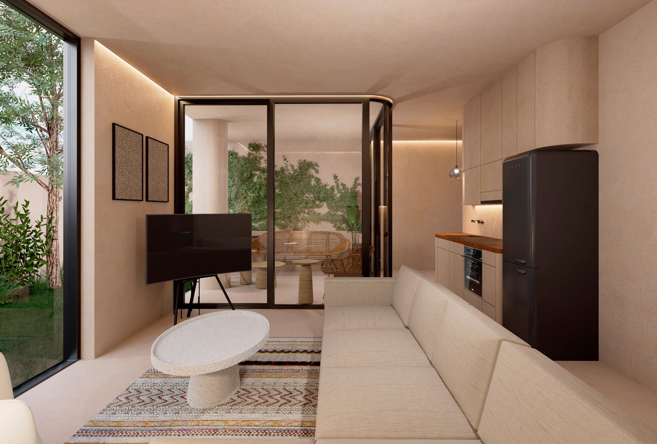Cozy modern living room with large windows and a beige sectional sofa.