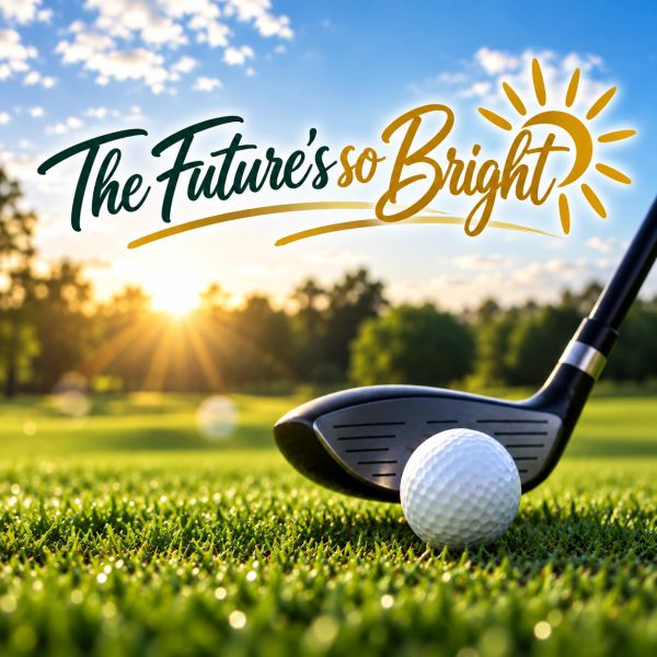 Golf club and ball with bright sun and inspiring text.