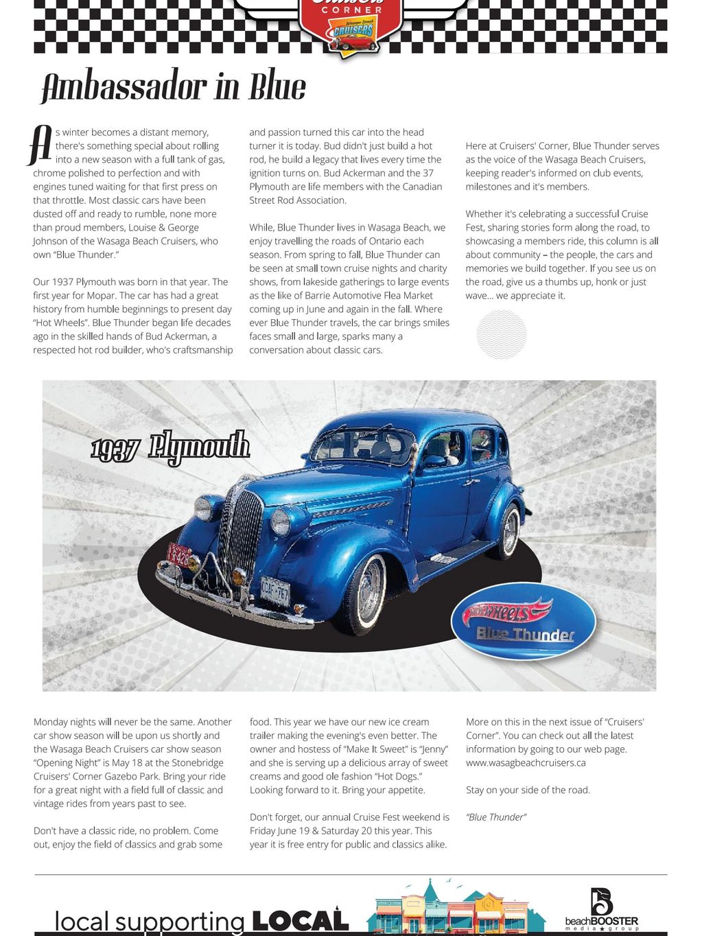 A vivid blue 1937 Plymouth classic car named Blue Thunder with a Hot Wheels emblem.