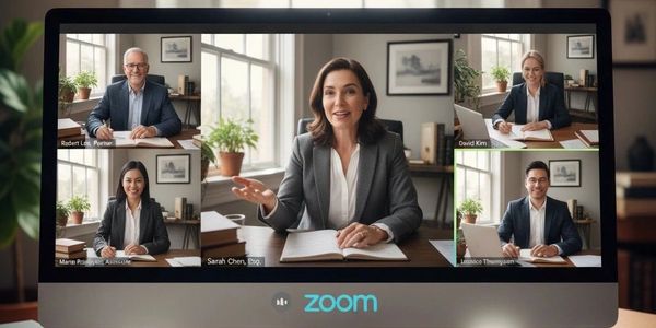 Five professionals engaged in a Zoom video conference call in a well-lit office setting.