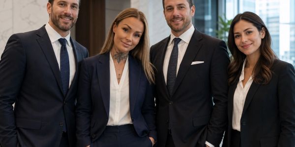 Group of four professionals in formal attire smiling.