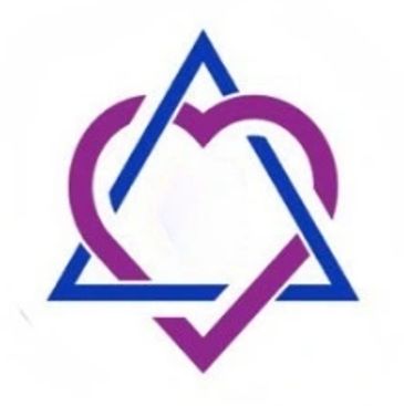 Intertwined heart and triangle symbol in purple and blue.