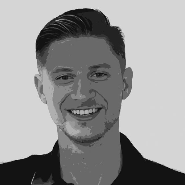 Man in sketched drawing with a profile photo smiling directly at camera. 