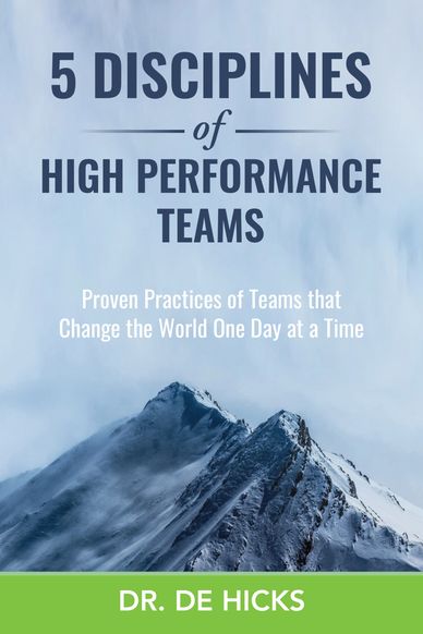 Book cover titled '5 Disciplines of High Performance Teams' with mountain imagery.