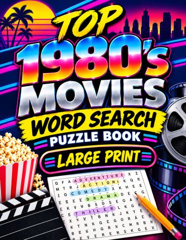 1980s movies word search puzzle book cover with retro design.
