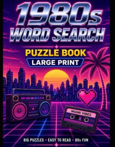 1980s-themed word search puzzle book cover with retro city and neon elements.
