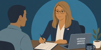 A veteran service officer assisting a client with paperwork at a desk.