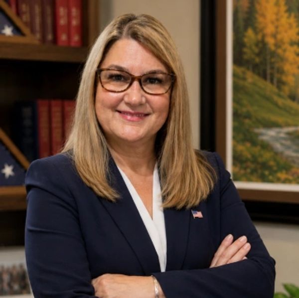 Professional woman in glasses and blazer smiling with arms crossed.