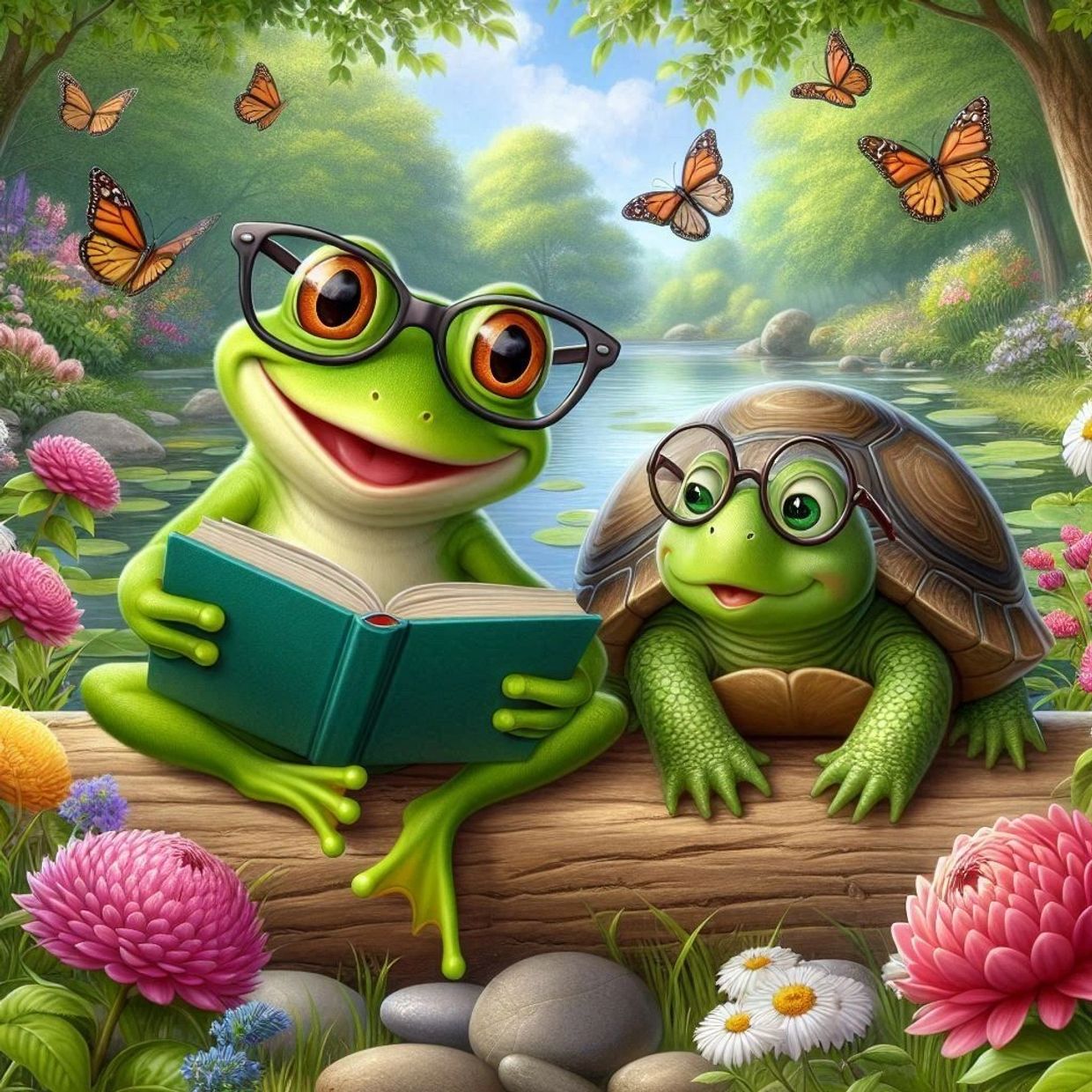A frog and turtle wearing glasses, reading by a river surrounded by flowers and butterflies.