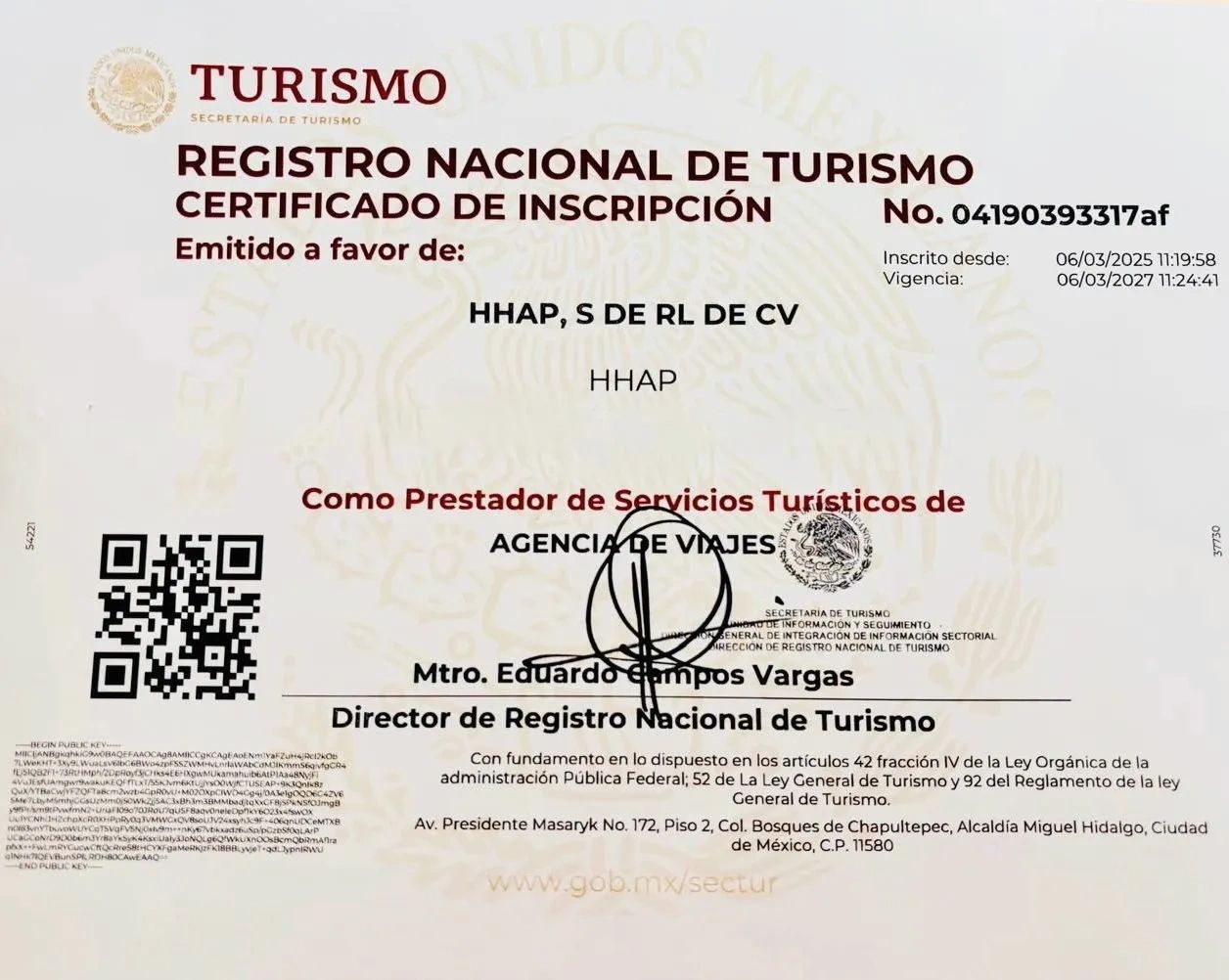 Certificado de inscripción nacional de turismo para agencia de viajes HHAP.