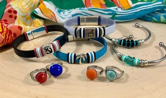 Italian leather bracelets, stainless steel adjustable rings and Czech pressed glass stainless bangle