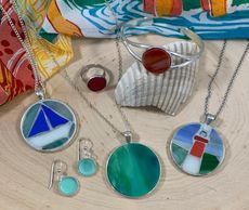 Fused glass and mosaic jewelry hand crafted and hand cut for necklaces, rings, earrings, sailboats l