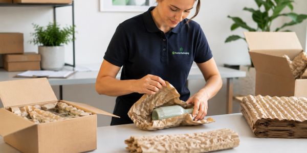 Woman packaging items with eco-friendly materials.