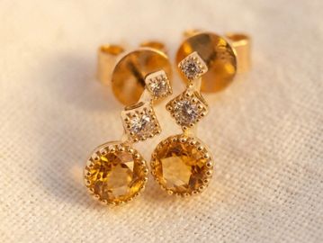 14k yellow gold citrine and dia drop earrings, milgrain bezel set round citrine & square dia accents