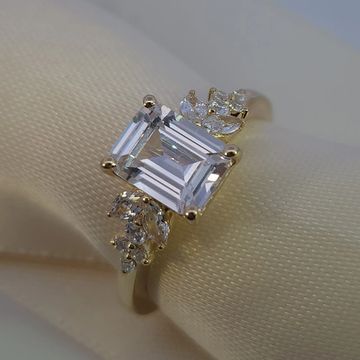 14K Yellow Gold Emerald-Cut Diamond Engagement Ring with Marquise and Round Side Stones
