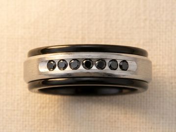 Black & Silver Tungsten with 14K White Gold Men's Wedding Band