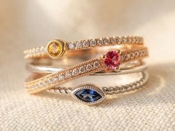14k tri-gold fashion ring with yellow, pink, blue sapphire with pavé diamond accents