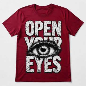 T-shirt rouge avec texte 'OPEN YOUR EYES' et un grand œil dessiné.