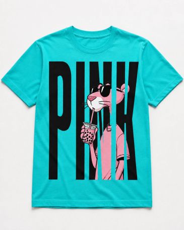 T-shirt turquoise avec Panthère rose et lettrage PINK.