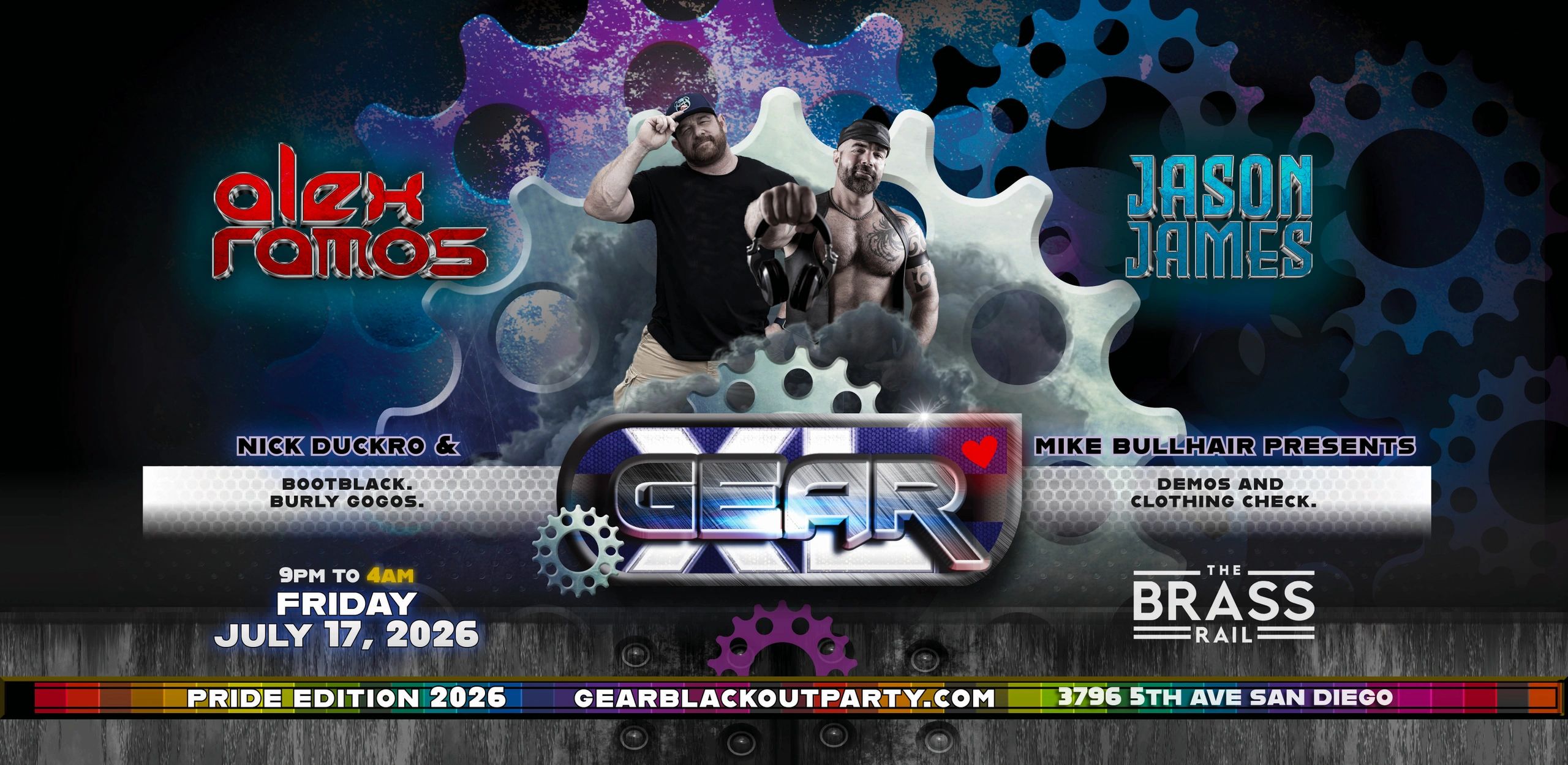 Event flyer for GEAR XL with DJs Alex Ramos and Jason James, July 17, 2026, at The Brass Rail, San Diego.