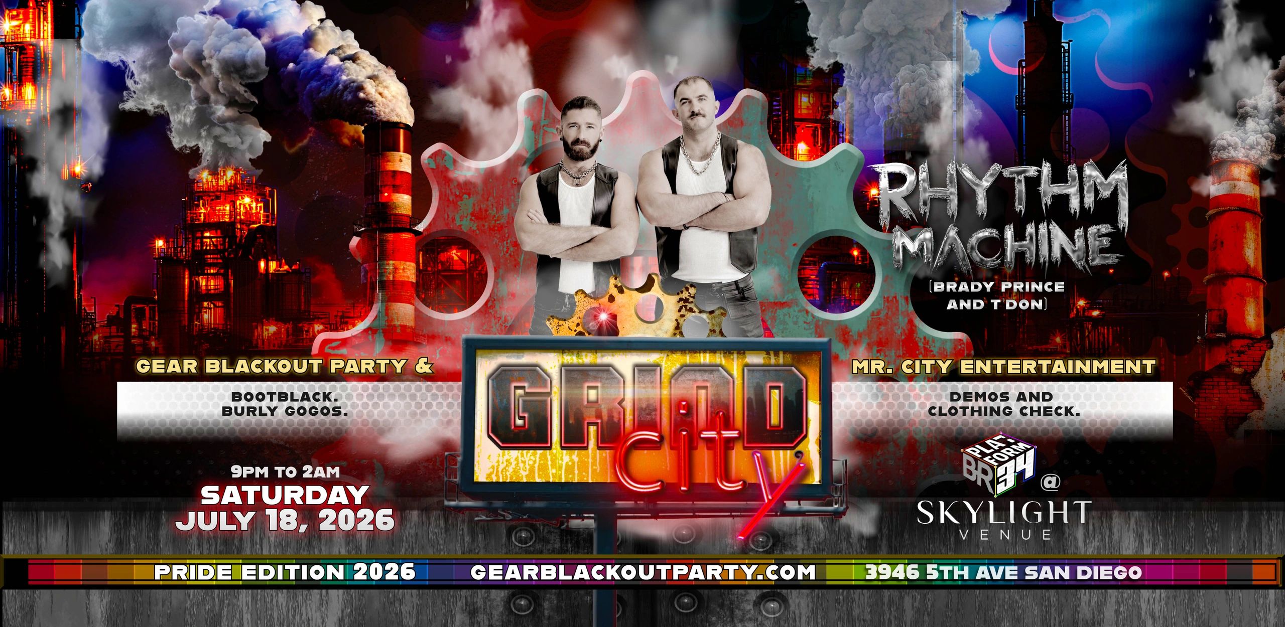 Promotional poster for Gear Blackout Party featuring Rhythm Machine and Griot City on July 18, 2026, at Skylight Venue, San Diego.