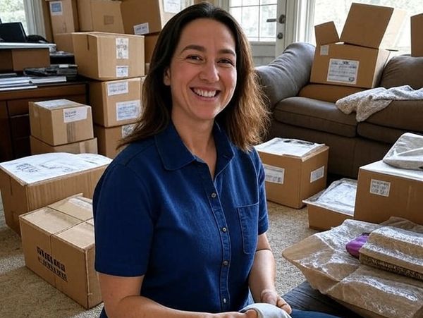 A woman smiling while packing clothes amidst many cardboard boxes in a living room.